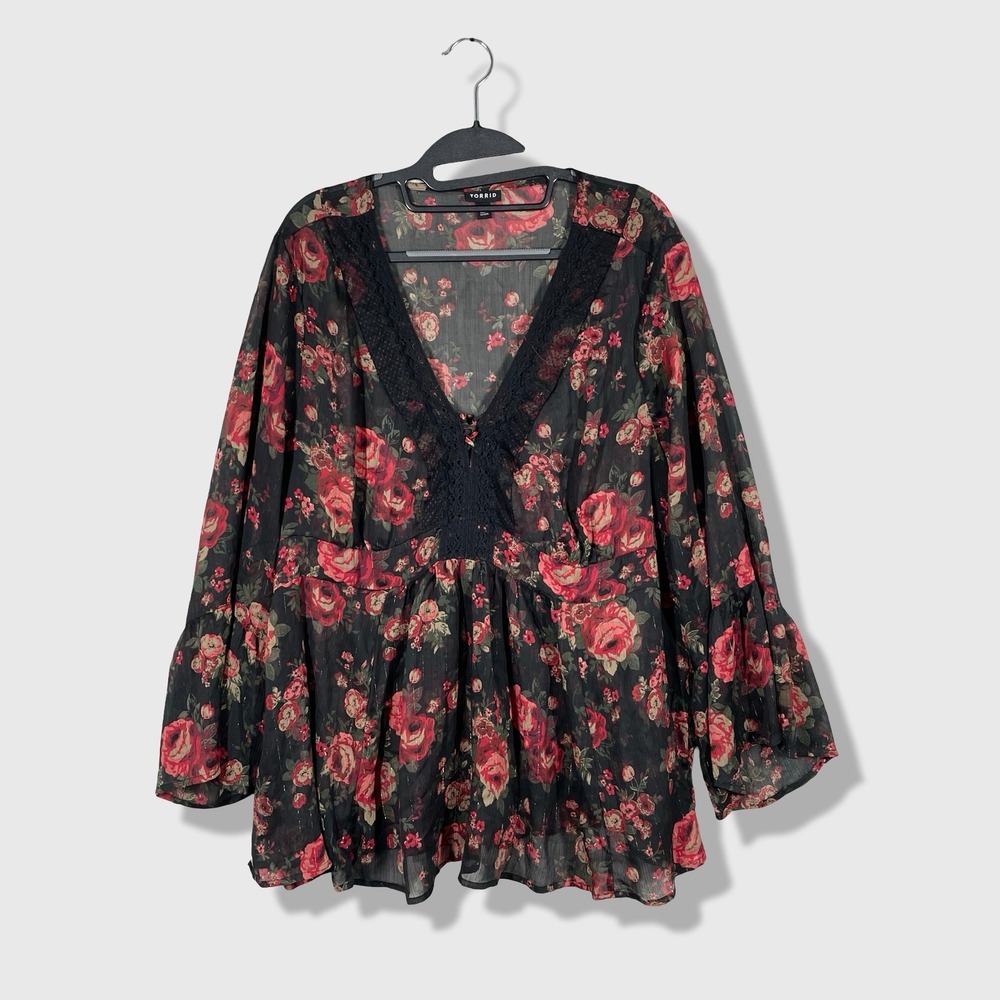 Torrid Blouse Womens 1‎ Black Floral Boho Peplum Lace V-Neck Chiffon Romantic